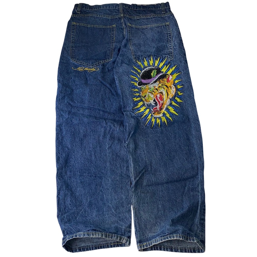 Ed Hardy Rhinestone Jeans Mens 36x31 Baggy Tiger Embellished Art Y2K Wide Leg